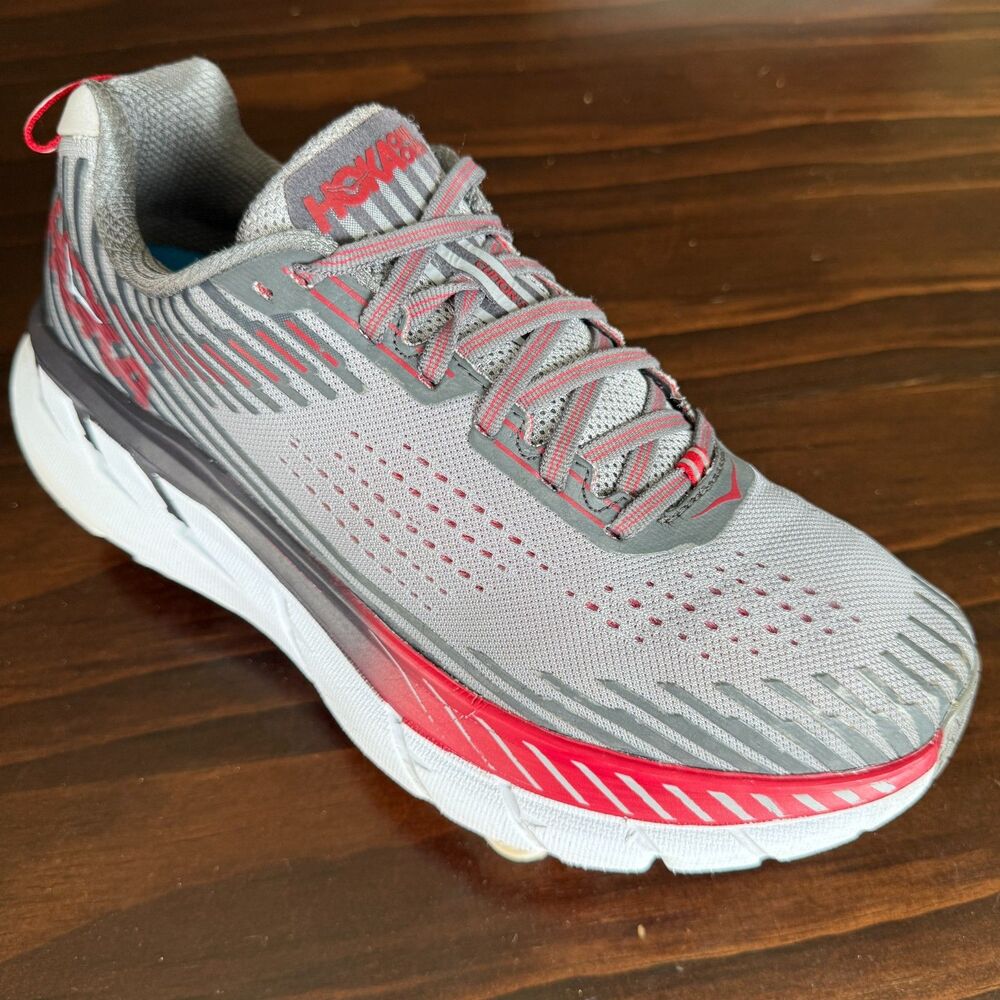 Hoka One One Clifton 5 Road Running Shoe Size 9.5 EE Gray Red Men's Sneaker - Picture 7 of 12